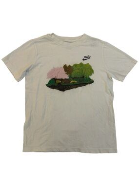 Nike White Tee with Pink Blossom and Green Park Graphic